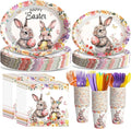 Havawish 350 Pcs Easter Bunny Party Supplies Happy Easter Disposable Tableware Set Flowers Butterflies Rabbit Eggs Oval Paper Plates Cups Napkins Fork Knife Spoon for Spring Party Table Decorations