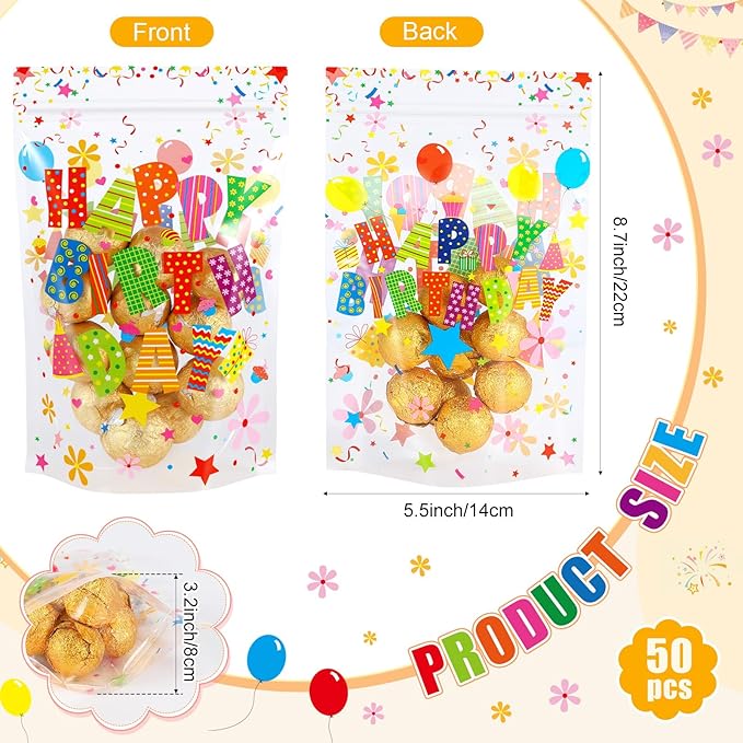 Fuutreo 50 Pcs Happy Birthday Bags Plastic Birthday Sealed Pouches Resealable Colorful Balloons Bags Party Favor Pouches for Home Candy Small Gift Party Wrapping Supplies Decoration