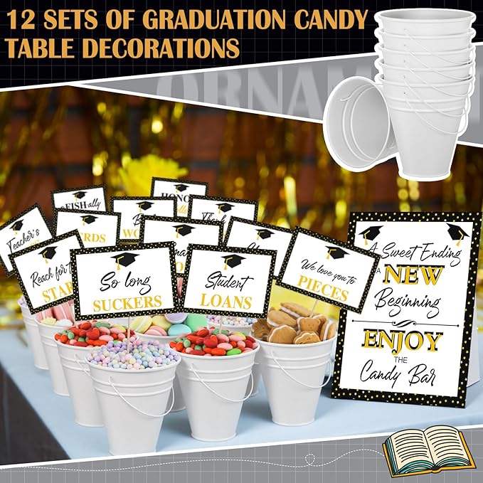 12 Set 2026 Graduation Candy Buffet Party Decoration Graduation Table Candy Bar Snack Labels Signs and 5'' Buckets with Handle for Class of 2026 Party Parties Supplies(Star Style,White)