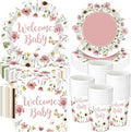 Pickmesh 250 Pcs Pink Floral Baby Shower Party Supplies Decorations Serve 50 Wildflower Welcome Baby Disposable Paper Plates Napkins and Cups for Birthday Babies Girl Shower Gender Reveal Party Decor