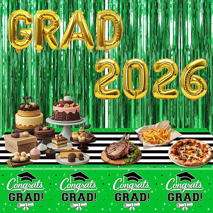 7-Pack Graduation Party Decorations Set, 3 Green Graduation Tablecloths 54x108in, 2026 And GRAD Balloons, 2 Foil Fringe Curtains for High School College Graduation Party Photo Booth