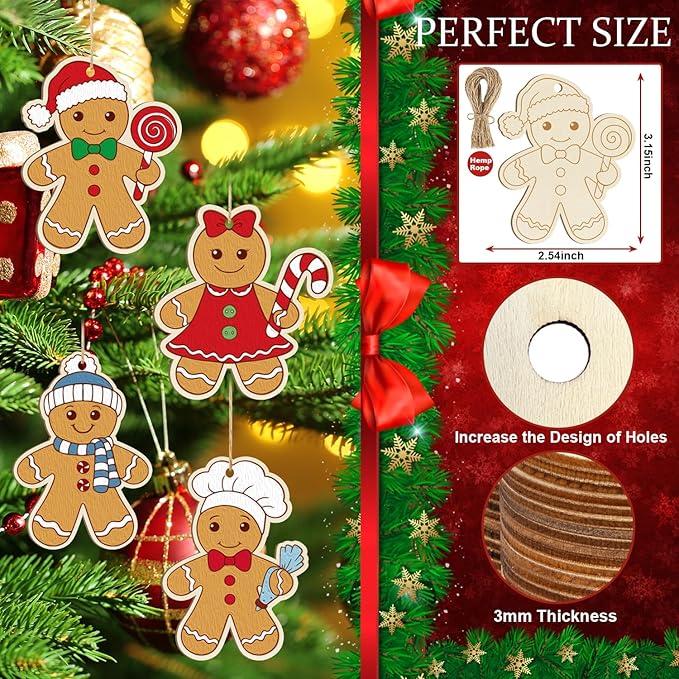 36PCS Wooden Christmas Ornaments to Paint, 12 Styles DIY Blank Unfinished Wood Gingerbread Man Cutouts Ornament for Crafts Winter Hanging Decorations