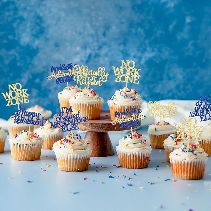 Gyufise 30Pcs Happy Retirement Cupcake Toppers Officially Retired Cake Toppers No Work Zone Adventure Begins Cupcake Picks for Retirement Theme Farewell Birthday Party Decorations Supplies Blue Gold