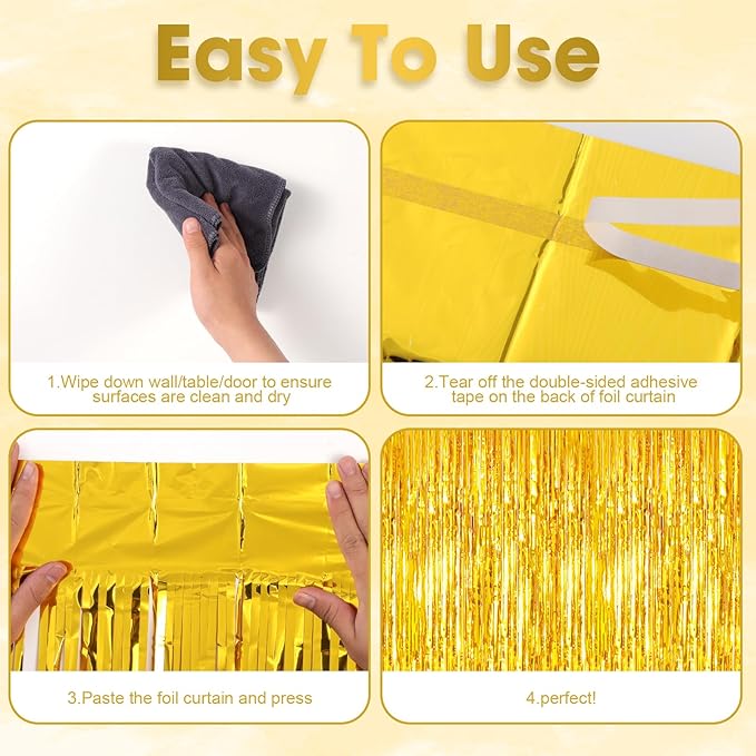 2 Pack Gold Tinsel Foil Fringe Curtains, Gold Party Decorations, Metallic Tinsel Party Streamers Backdrop for Birthday Baby Shower Graduation Wedding New Year Party Decorations