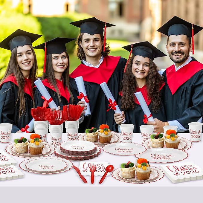 Class of 2026 Graduation Party Supplies, 175 Pcs Congrats Grad Paper Plates Napkins and Cups Cutlery Disposable Tableware Set for College High School Congrats Decorations, Serves 25(Red)