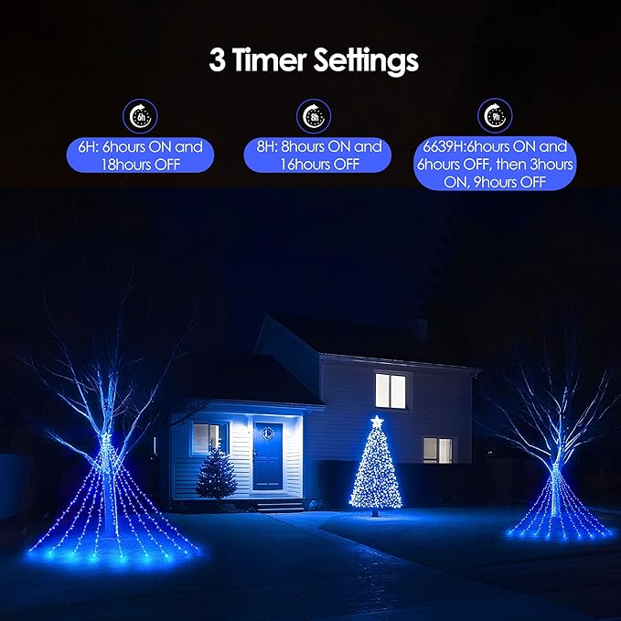 WBao 344 LED Christmas Lights Outdoor Decorations with 12" Star Topper, 11.9ft Waterfall Christmas Lights, Remote Control 8 Modes, 3 Timers, UL Listed Waterproof for Tree Roof Porch Xmas Decor, Blue