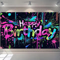 Neon Happy Birthday Banner 96x72 Inch Photography Backdrops Party Background Decorations Colorful Graffiti Splash Paint Kids Birthday Supplies Glow in The Dark