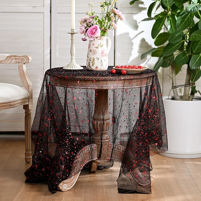 Horaldaily Black Red Gold Sparkling Star Gauze Tablecloth 60x84 Inch Rectangular, Red Star Sequin Glitter Metallic Foil, Sheer Tulle Cheesecloth for Wedding Baby Shower Party