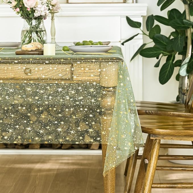 Horaldaily Sage Green Gold Sparkling Star Gauze Tablecloth 60x84 Inch Rectangular, Golden Star Sequin Glitter Metallic Foil, Sheer Tulle Cheesecloth for Wedding Baby Shower Party