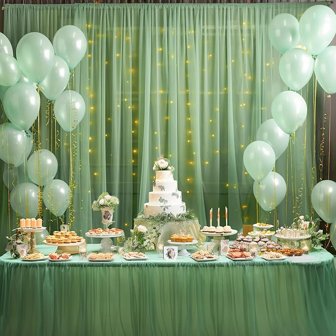 10x10ft Olive Green Tulle Backdrop Curtain with Lights String for Parites, Sheer Photo Backdrop Curtains for Wedding Baby Shower Birthday Party St. Patrick's Day Photo Shoot Background Decorations