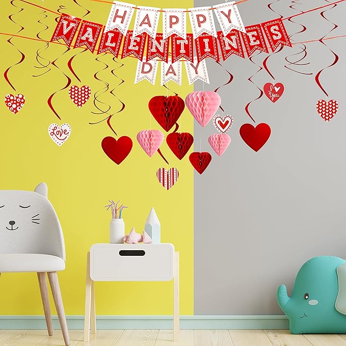 JOYIN 31 Pcs Valentines Day Swirl String Cutout,Decoration Kit with Banner, Garland, Foil Swirls, Hanging Swirls with Heart Pendant,Heart Honeycombs for Valentines Party, Wedding ,Anniversary