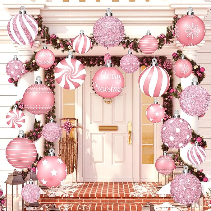 Huwena 24 Pcs Christmas Decorations Outdoor Christmas Hanging Ornaments Peppermint Candy Yard Signs Double Sided Lawn Decorations Peppermint Ornaments for Xmas(Pink)