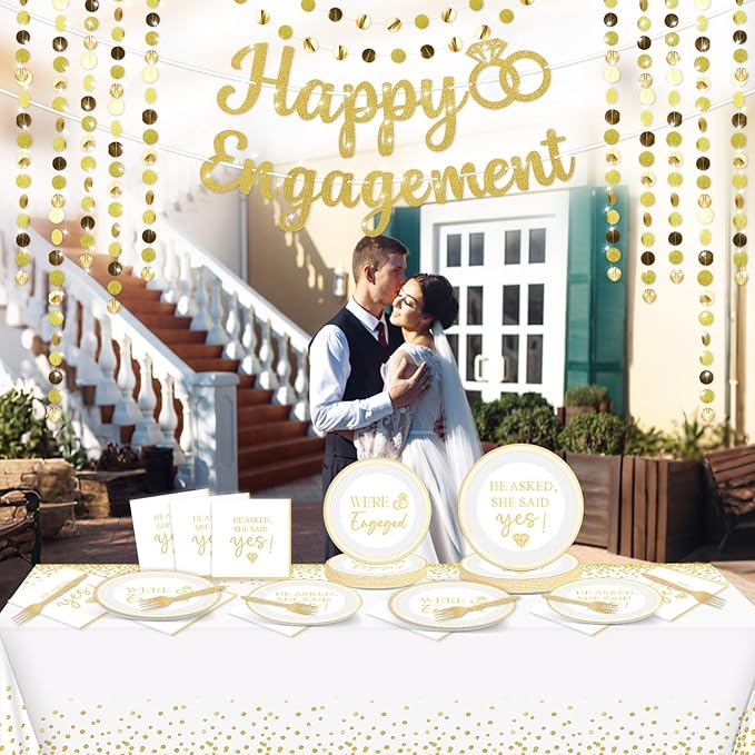100PCS Engagement Party Decorations She Said Yes Paper Plates Napkins Wedding Tablecloth Glitter Happy Engagement Banner Golden Streamers Garland for Bachelorette Bridal Shower Supplies for 24 Guests