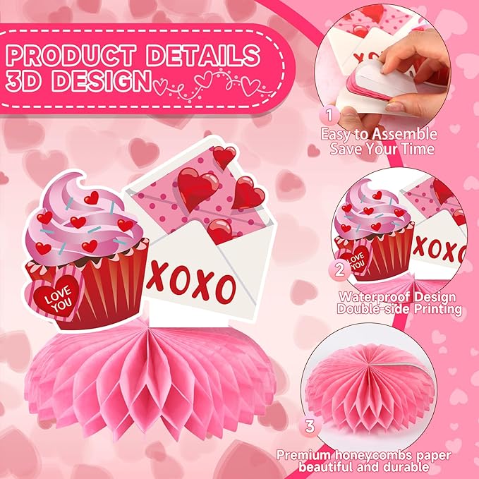 JULMELON Valentines Table Decorations Honeycomb Centerpiece, 8pcs Valentines Day Centerpieces for Tables 3D Valentines Day Table Decor Heart Table Toppers for Valentines Party Decorations