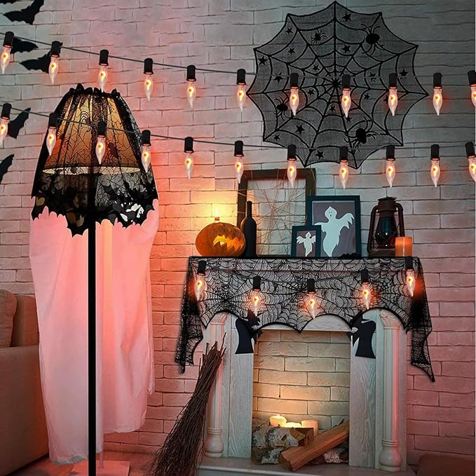 10 FT Flickering Flame Light String, C18 Halloween Decoration Light String, with 10 Clear Flame Bulbs, for Outdoor Indoor Home Halloween Christmas Decorations, E12 Base - Black Wire