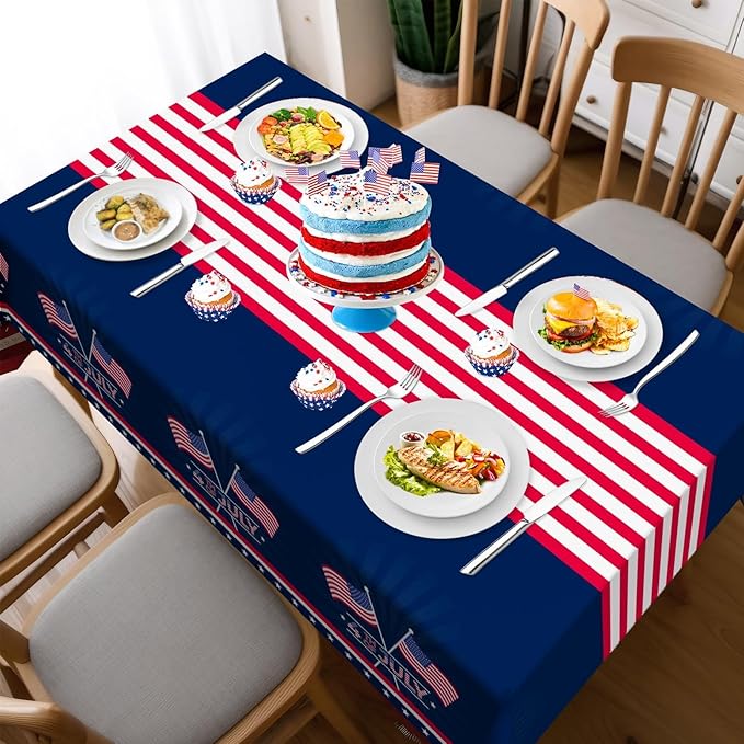 Childom 2 Pack Patriotic Tablecloth,Patriotic Decorations 54" x 108" Disposable American Flag Tablecloth,Plastic Table Cover for Veterans Day Decorations,Fourth of July,Camping,Picnic,Party Supplies