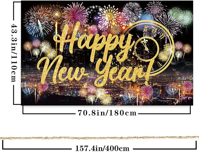 Famoby Happy New Year Fabric Sign Poster Backdrop with Fireworks for New Year Photo Booth Background Party Decoration