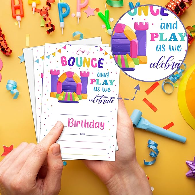 Bounce House Birthday Party Invitation, Bounce Themed Fill-In Invites for Man & Woman, 20 Invitations With Envelopes (4" X 6"), Adults Jumping Party Favors Decorations and Supplies -25