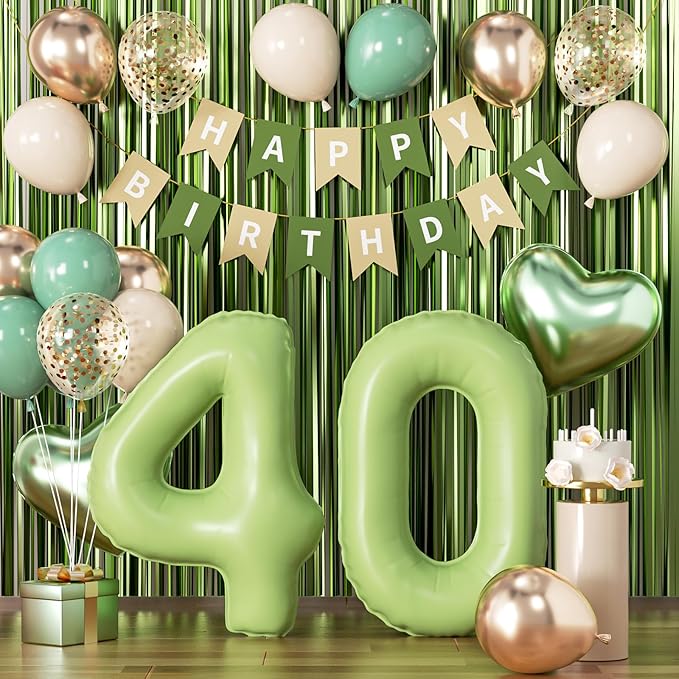 Sage Green 40th Birthday Decorations, Fabulous 40 Party Supplies for Women Men, Sand White & Cream Balloon Kit with Green Number 40 Balloon and Fringe Curtains