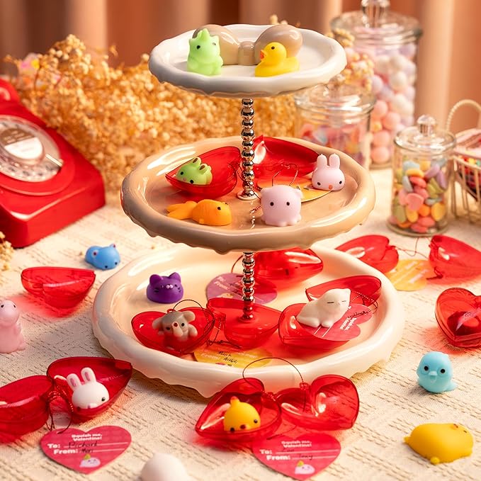 JOYIN 28 Packs Valentine Day Gift Cards with Mochi Squishy Toys and Filled Hearts for Kids Valentine Classroom Exchange, Kawaii Stress Relief Toys School Gifts Exchange, Games Prizes