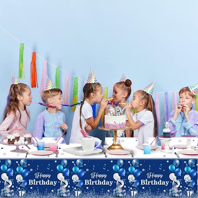 3 Pack Navy Blue Party Supplies Happy Birthday Tablecloths Disposable Rectangle Plastic Table Covers Blue and Silver Confetti Stars Tablecloths for Kids Boys Girls Birthday Party Decorations 54x108''