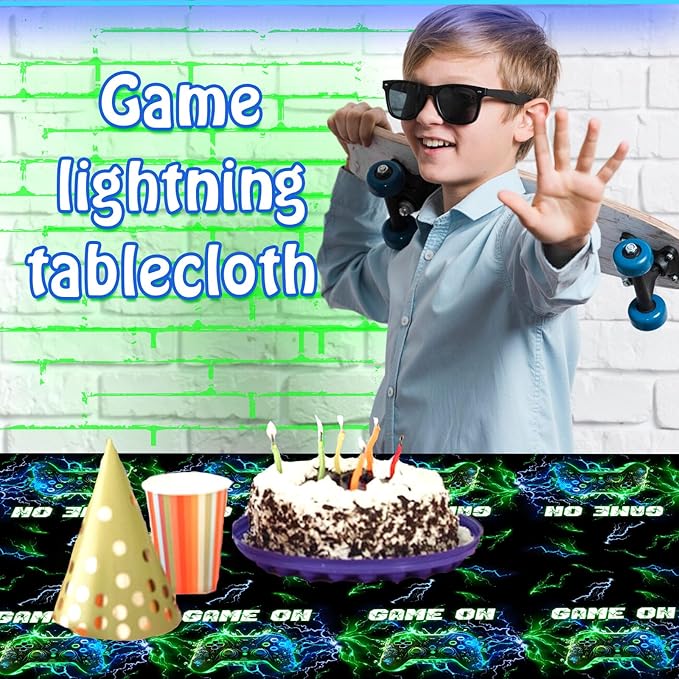 Video Game Table Cloth Video Game Birthday Decoration,3pcs Neon Plastic Waterproof Gaming Table Covers for Boy Kids Player Geek G-AME Party Decoration