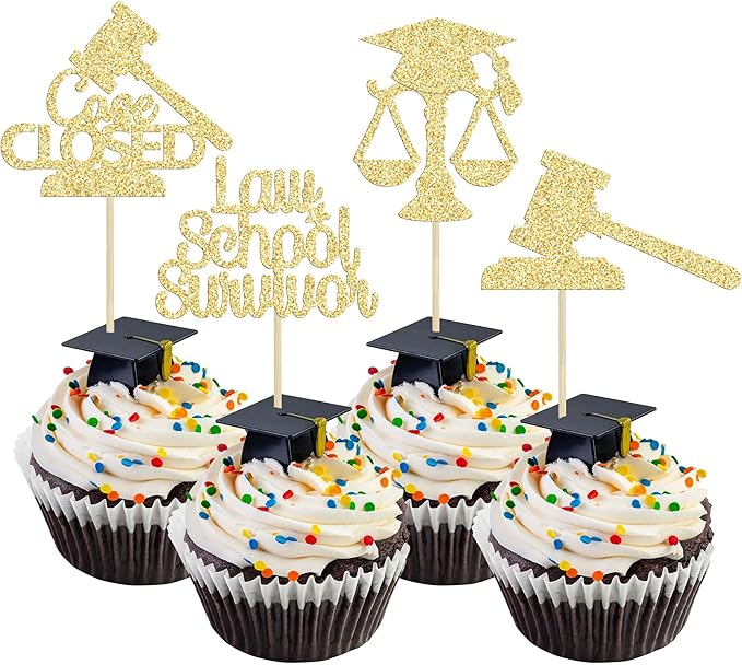 Gyufise 24Pcs Lawyer 2026 Graduation Cupcake Toppers Gold Glitter Class of 2026 Grad Cap Law School Survivor Cupcake Picks for 2026 Lawyer Graduation Party Cake Decorations Supplies