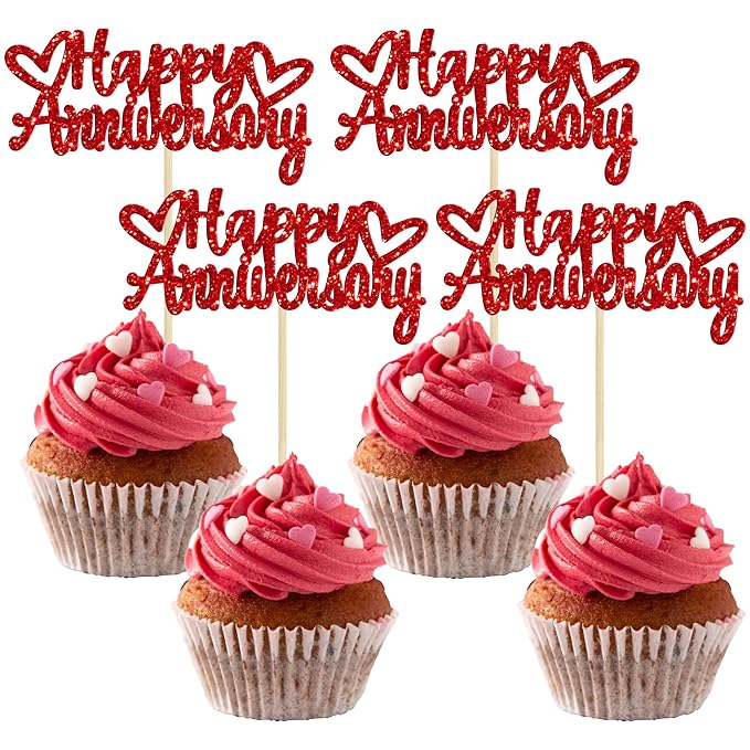 Gyufise 24Pcs Glitter Happy Anniversary Cupcake Toppers Anniversary Party Supplies Cake Decoration Wedding Celebration Party Decoration Supplies Red