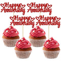 Gyufise 24Pcs Glitter Happy Anniversary Cupcake Toppers Anniversary Party Supplies Cake Decoration Wedding Celebration Party Decoration Supplies Red