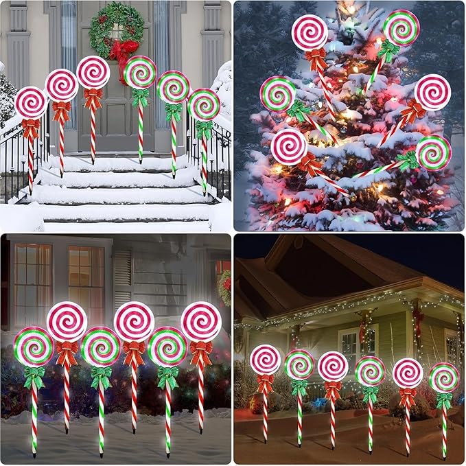 6 PCS Christmas Pathway Lights Outdoor Decorations, 28 Inch Lollipop Walkway Stake 8 Lighting Modes Flickering Candy Marker Waterproof Outside Christmas Decor for Garden Yard Lawn (Red Green)