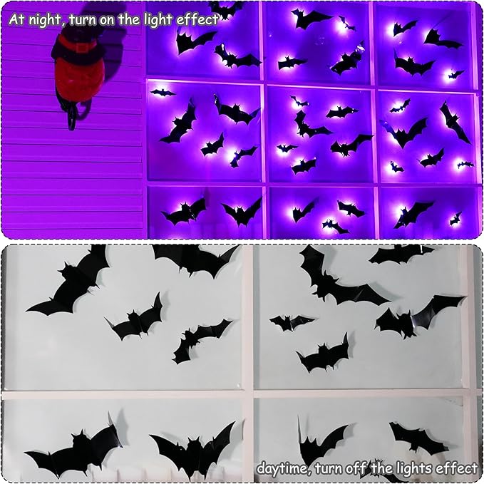 TW SHINE 36 Pcs Halloween Bats Wall Decor, Removable Lighted 3D Bats Wall Stickers Assorted Size, PVC Halloween Decorations for Indoor Outdoor Home Window Party Supplies