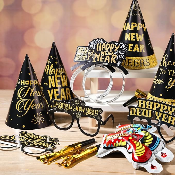 136 Pcs New Years Eve Party Supplies Kit New Year's Eve Party Supply Include Hats Glasses Headbands Blowouts Balloons Inflatable Fireworks Gun Banner for 2026 Holiday Celebration Decor