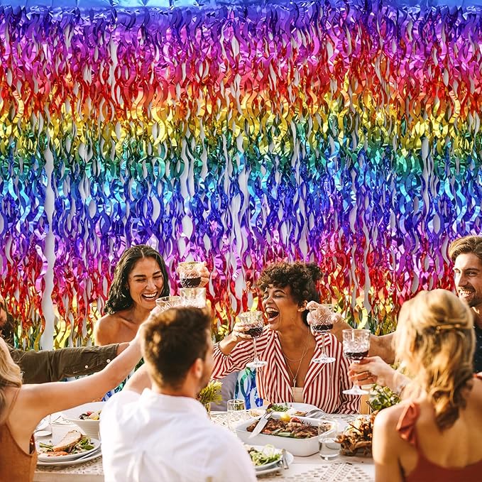 Shiny Rainbow Foil Fringe Curtain Wavy Rainbow Tinsel Streamer Backdrop for Party Decorations Birthday Wedding Graduation Baby Shower 2 Packs