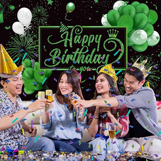 Blulu Happy Birthday Backdrop Banner Sign Poster Large Fabric Glitter Balloon Fireworks Sign Photo Backdrop Background for Birthday Party Decoration Supplies, 72.8 x 43.3in(Green)