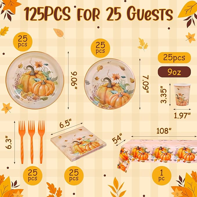 Mostop 126 Pcs Tableware Set - Fall Harvest Disposable Dinnerware with Plates, Napkins, Forks, Table Covers for Autumn Celebrations, Thanksgiving Day, and Harvest Festival, Serves 25 Guests
