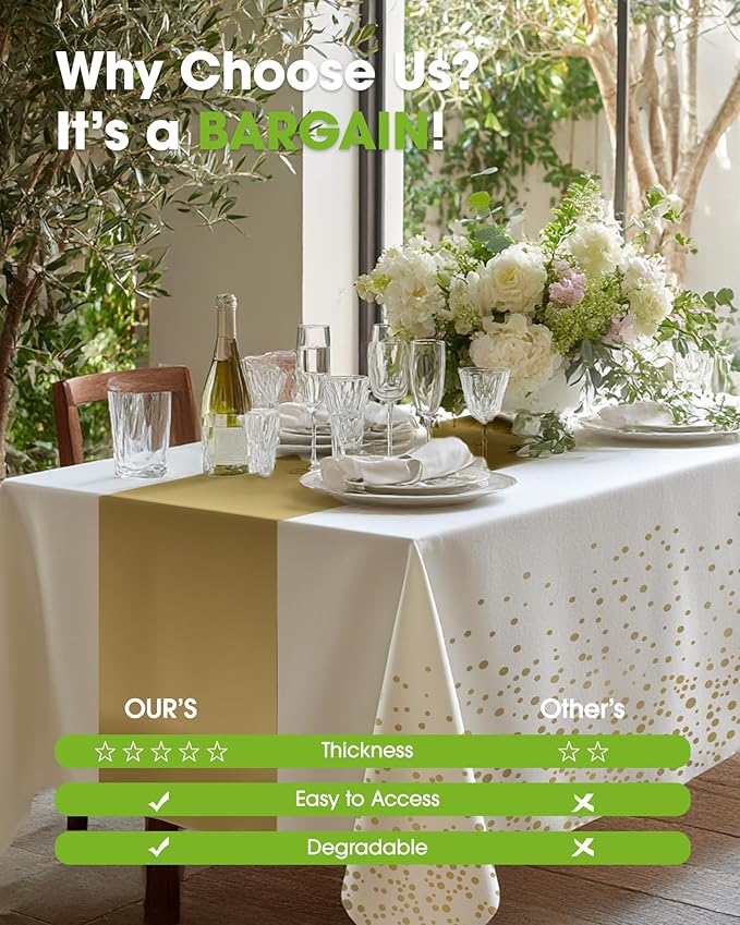 Pureegg Plastic Table Cloth Disposable 10 Pack, 54 x 108 Inch, Table Runner Style, Graduation Decorations 2026, Party Tablecloths, Rectangle, Plastic Cover, Leakproof & Sturdy, White Gold
