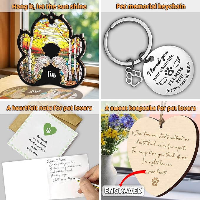 Personalized Angel Dog Memorial Suncatcher, Paw Suncatcher Remembrance Gift, Engraved Pet Memorial Ornament, Pet Sympathy Keychain, Loss of Animal Sympathy Card, Rainbow Bridge Dog Loss Gift