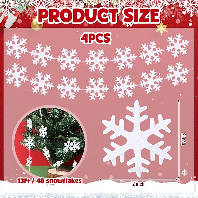 Oudain 4 Pcs Christmas Snowflake Felt Garland Party Decorations 13 ft Winter Christmas Wonderland New Year Party Holiday Decor