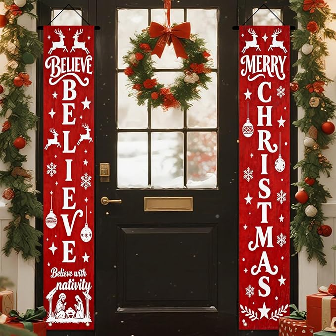 Nuxovilar Believe Merry Christmas Ornament Decor Polyester Banner 12x70.86 Inches Christmas Door Banner, Inspirational Decor for Church, Lounge, Festive Gatherings