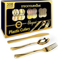 Gold Plastic Silverware Set (300-Pack) – Disposable Heavy Duty Cutlery, 100 Forks, 100 Knives, 100 Spoons for Parties, Weddings, Dinners & Holidays