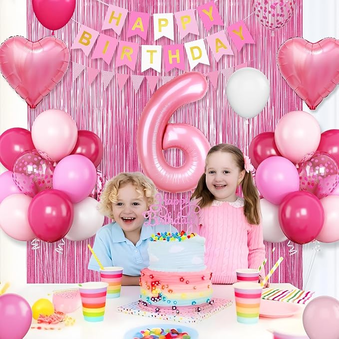 6th Birthday Decorations for Girls: Hot Pink Balloons, Happy Birthday Banner, Fringe Curtain, Cake Topper, Heart Foil Balloons