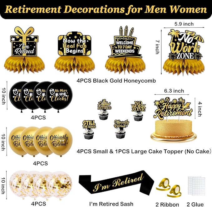 Retirement Party Decorations Men Women, Black Gold Happy Retirement Decorations, Pre-Strung Happy Retlrement & We Will Miss You Banner, Balloons, Hanging Swirl, Cake Topper, Retired Sash Honeycomb Set
