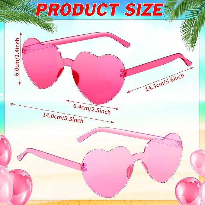 2/4/8/12/20 Pairs Heart Shaped Sunglasses Transparent Heart Glasses Rimless Trendy Eyewear for Valentines Party Favor