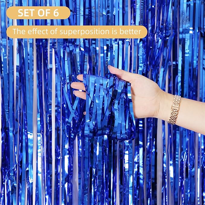 6 Pack Blue Foil Curtain Backdrop 3.2ft x 6.6ft Metallic Tinsel Fringe Backdrop Curtains Streamer Photo Booth Backdrop for Birthday Engagement Bachelorette Christmas Holiday Party Decorations