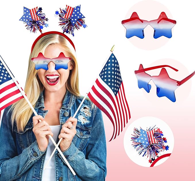 20 Pcs 4th of July Patriotic Party Accessories, 12 American Flag Party Glasses, 8 USA Independence Day Headbands, Red White and Blue Patriotic Photo Booth Props, Veterans Day, Memorial Day Supplies