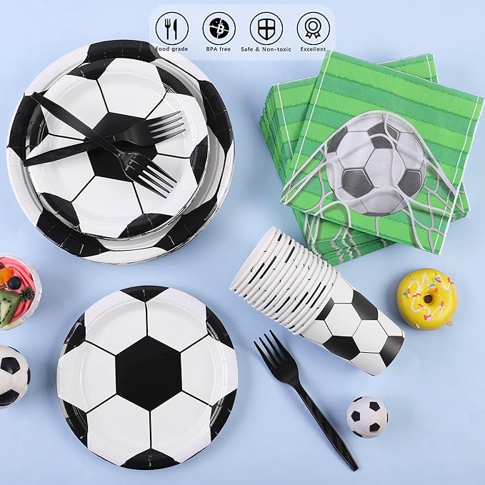 durony 144 Pieces Soccer Paper Plates and Napkins Dinnerware Set Soccer Birthday Party Tableware Supplies Includes Paper Plates Napkins Forks Serve 24 for Sports Party Supplies