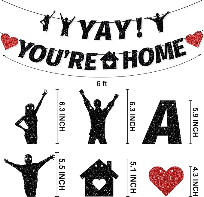Tellpet Pre-Strung Yay! You’re Home Banner, NO DIY Glitter Welcome Home Decorations for Military Army Returning Homecoming Party, Black