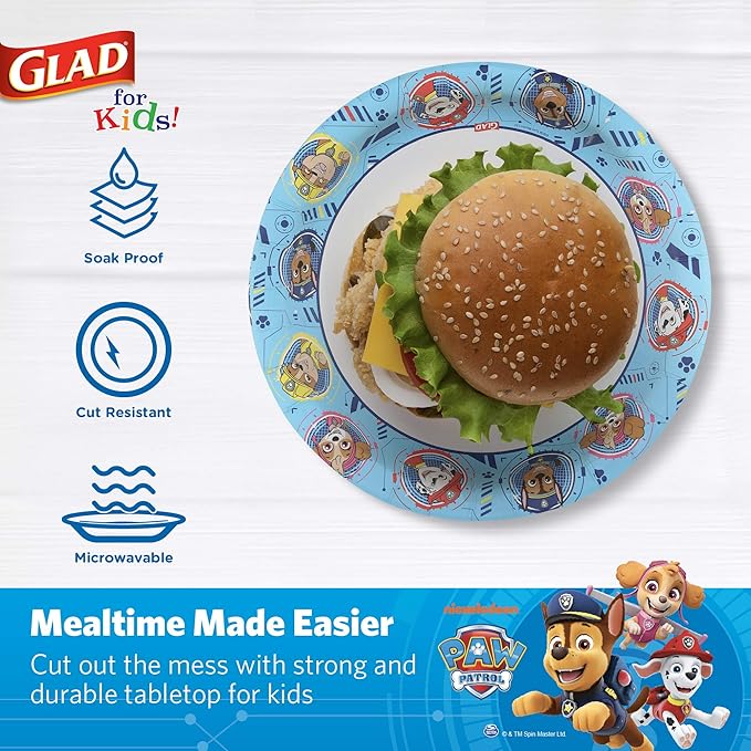 Glad for Kids Paw Patrol Disposable Paper Plates, Heavy Duty Soak Proof Microwavable Kids Plates for Parties, Birthdays, and Everyday Meals, Core Pups Blue, 8.5 Inch, 20 Count - 10 Pack