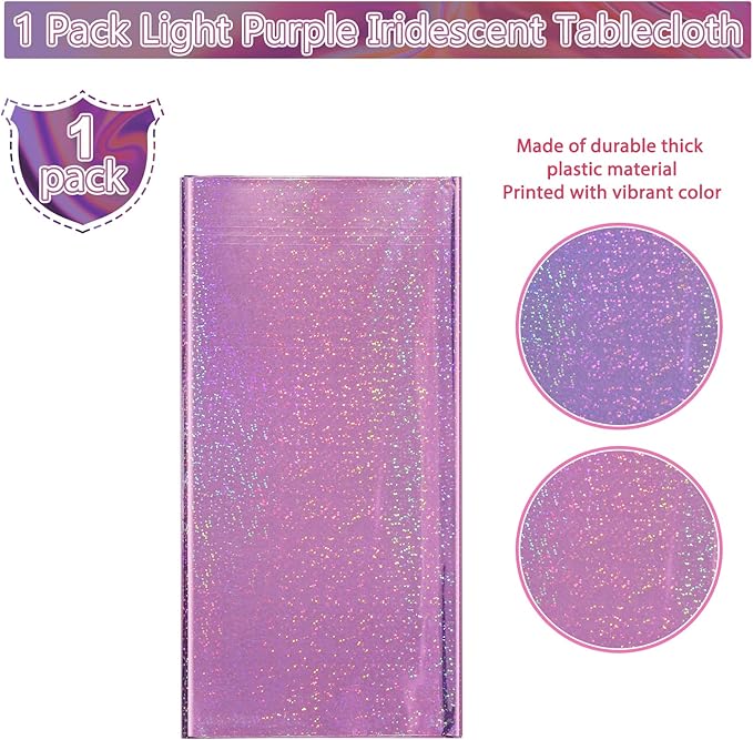 1 Pack Iridescent Light Purple Plastic Tablecloths Shiny Disposable Laser Rectangle Table Covers Holographic Foil Tablecloth Iridescent Kpop Birthday Bridal Wedding Party Decoration, 54 x 108 Inch