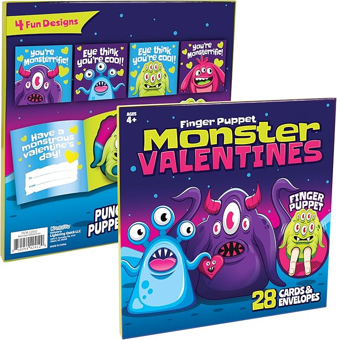 Kangaroo 28 Pack Monster Finger Puppets Valentines Day Cards with Envelopes Bulk - Funny Valentines Crafts Activities for Kids Classroom - Valentines Day Cards for Kids School Party Favors Goodie Bags Gift Ideas for Class